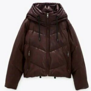 Zara Burgundy Faux Leather Hooded Puffer Jacket, Women's Small
